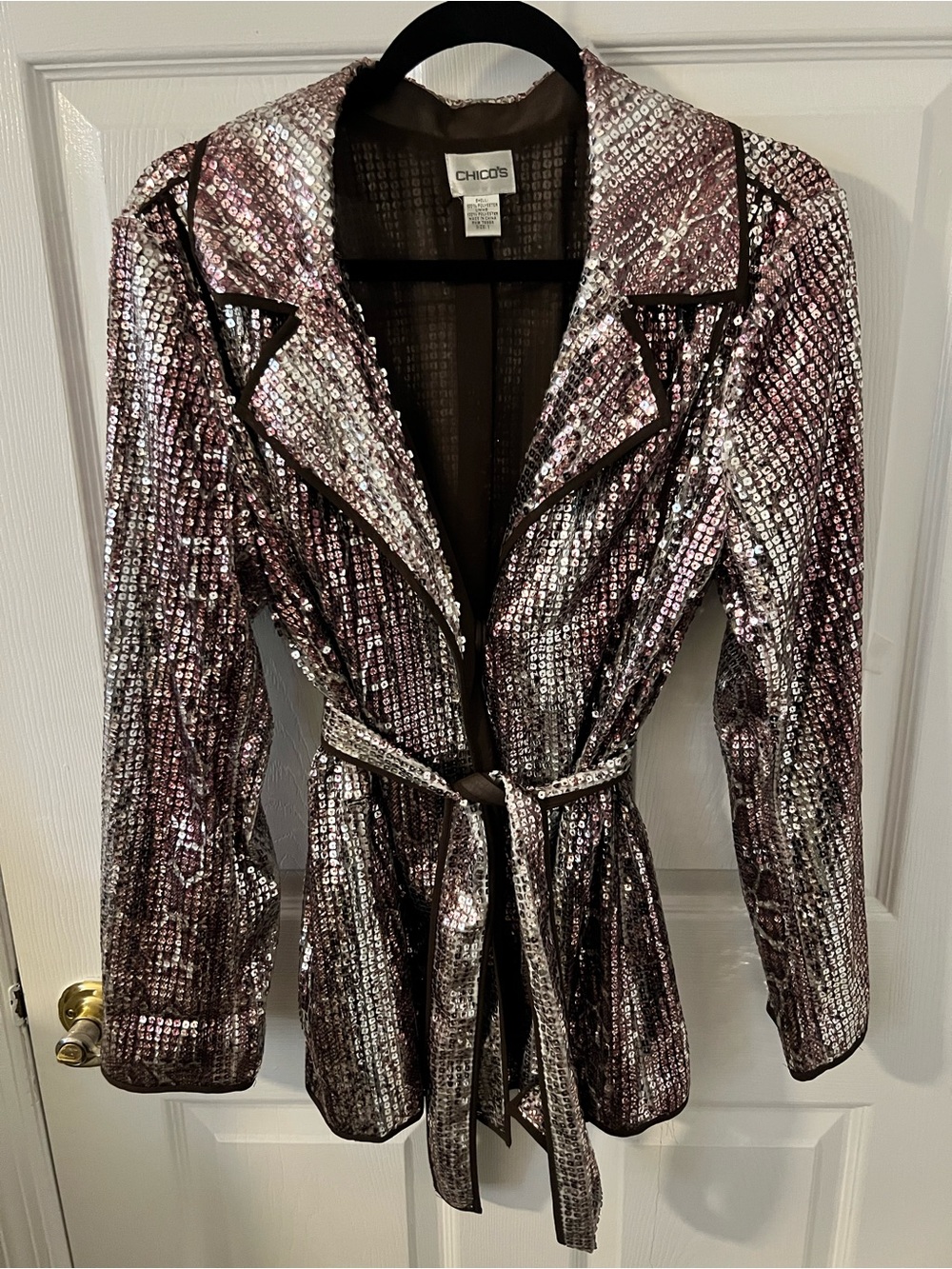 Chico's Metallic Taupe and Black Sequined Blazer with Belt